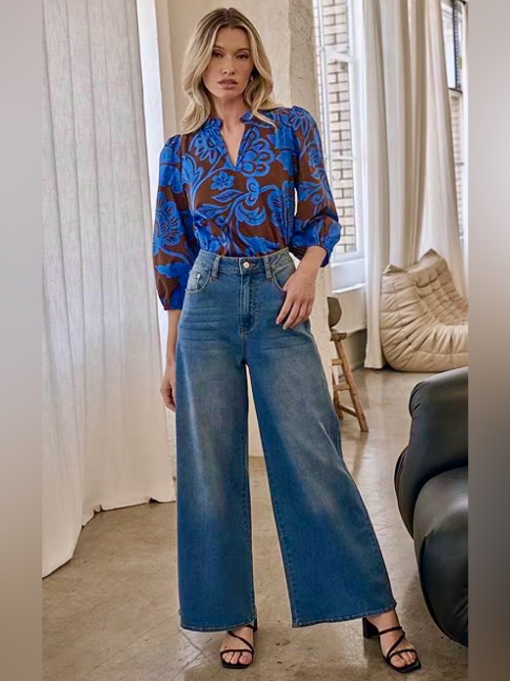 🌿 Rose & Olive Balloon Sleeve Split Neck Blouse – NWT 🌿🩵